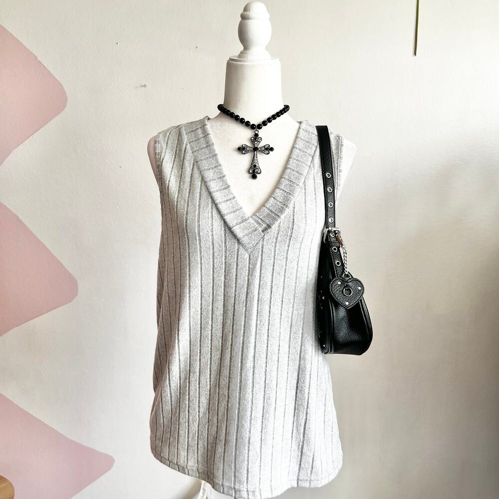 Gray Ribbed Tank Top, Minimalist, Streetwear, Clean‎ Girl, XL, Casual Chic